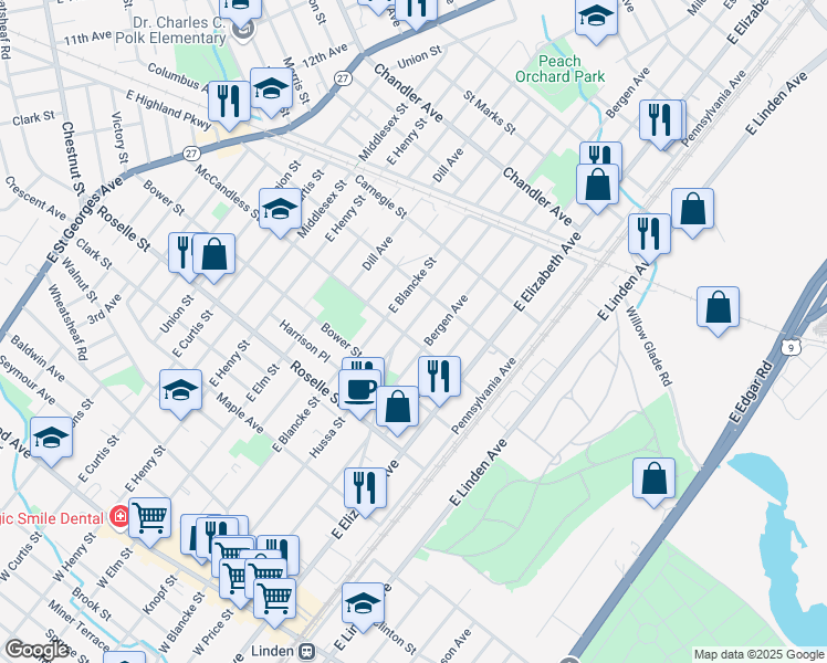 map of restaurants, bars, coffee shops, grocery stores, and more near 811 Hussa Street in Linden