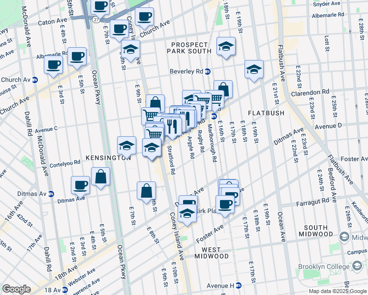 map of restaurants, bars, coffee shops, grocery stores, and more near 405 Westminster Road in Brooklyn