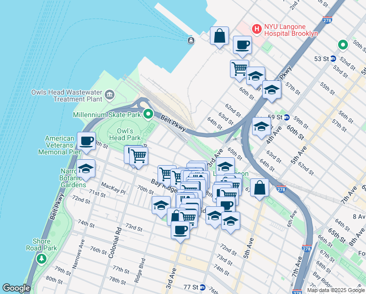 map of restaurants, bars, coffee shops, grocery stores, and more near 6623 Ridge Boulevard in Brooklyn