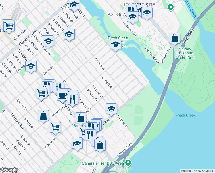 map of restaurants, bars, coffee shops, grocery stores, and more near 1351 East 104th Street in Brooklyn