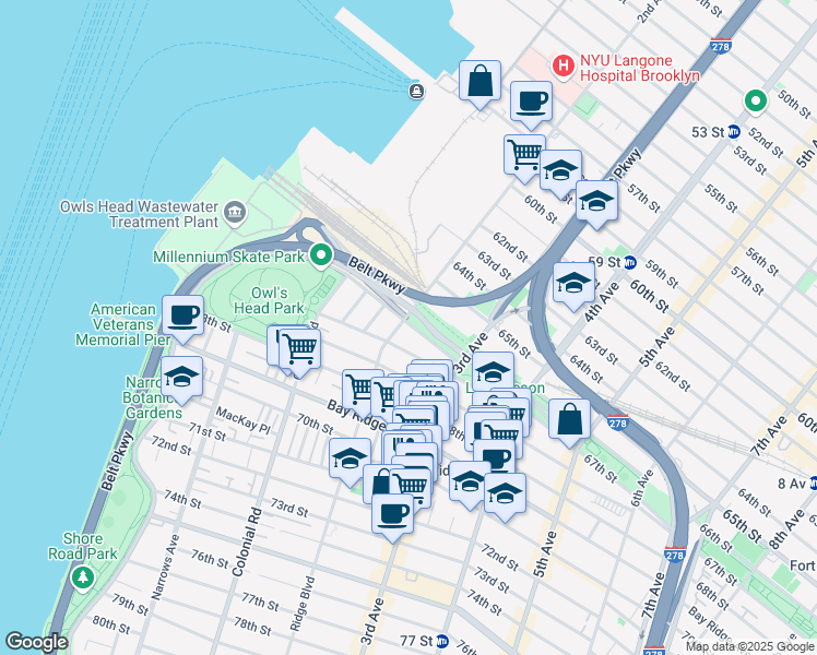 map of restaurants, bars, coffee shops, grocery stores, and more near 6601 Ridge Court in Brooklyn