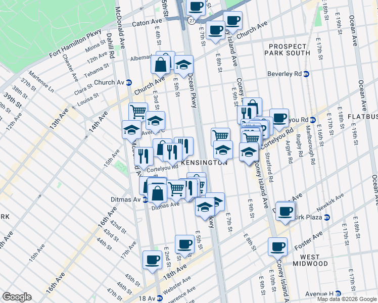 map of restaurants, bars, coffee shops, grocery stores, and more near 386 Ocean Parkway Service Road in Brooklyn