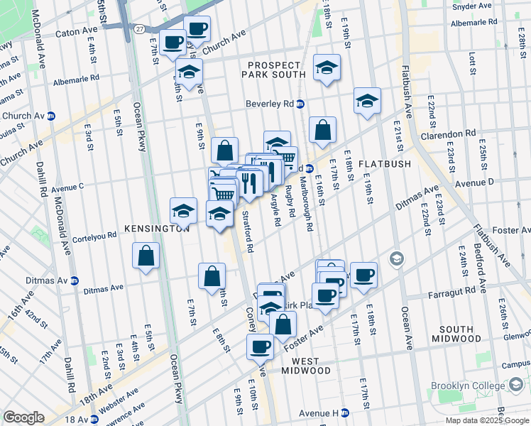 map of restaurants, bars, coffee shops, grocery stores, and more near 400 Argyle Road in Brooklyn