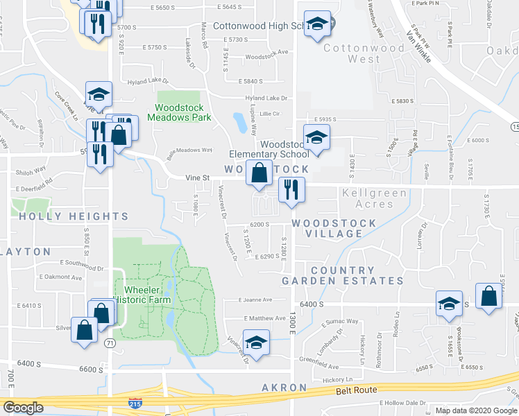 map of restaurants, bars, coffee shops, grocery stores, and more near 6159 South 1220 East in Salt Lake City