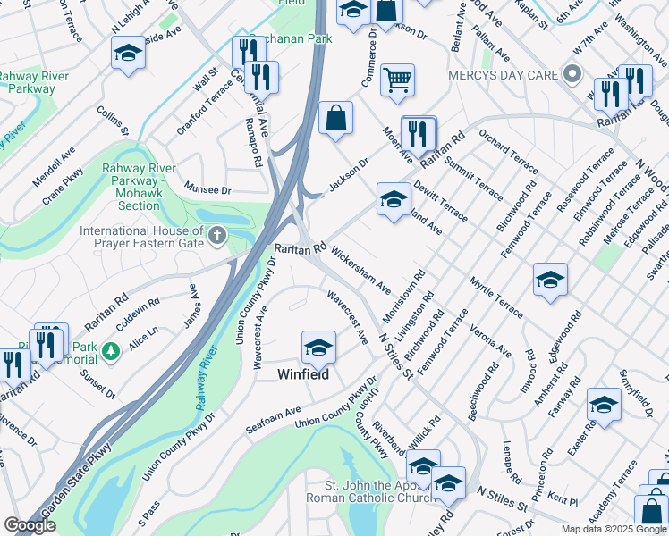 map of restaurants, bars, coffee shops, grocery stores, and more near 2838 North Stiles Street in Linden