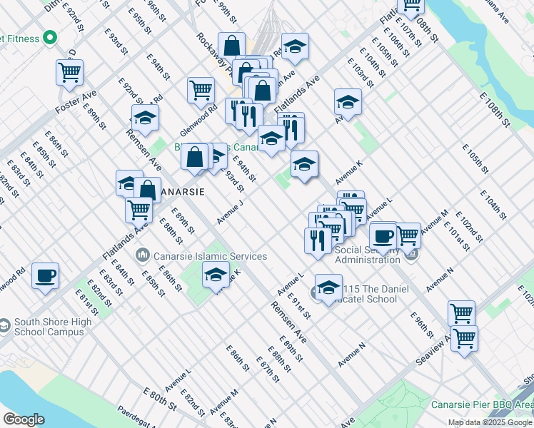 map of restaurants, bars, coffee shops, grocery stores, and more near 1297 East 93rd Street in Brooklyn