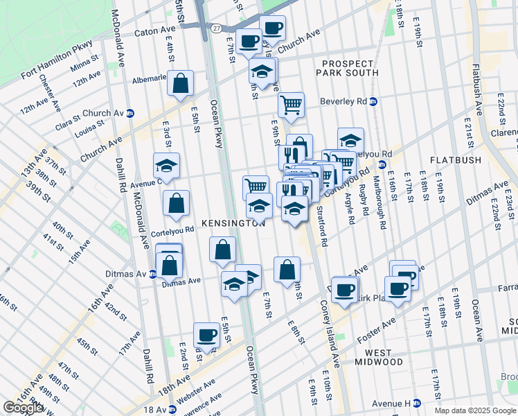 map of restaurants, bars, coffee shops, grocery stores, and more near 515 East 7th Street in Brooklyn