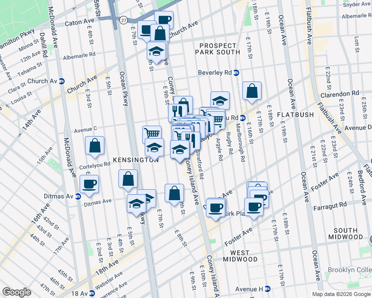 map of restaurants, bars, coffee shops, grocery stores, and more near Cortelyou Road in Brooklyn