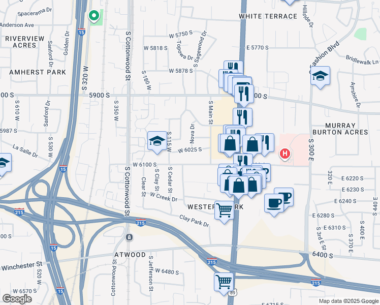 map of restaurants, bars, coffee shops, grocery stores, and more near 51 West 6025 South in Murray