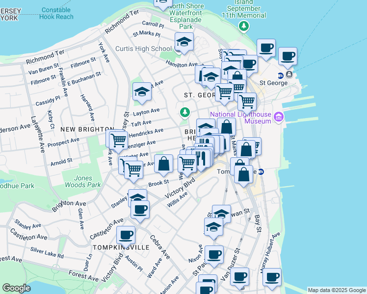 map of restaurants, bars, coffee shops, grocery stores, and more near Westervelt Ave & Winter Ave in Staten Island