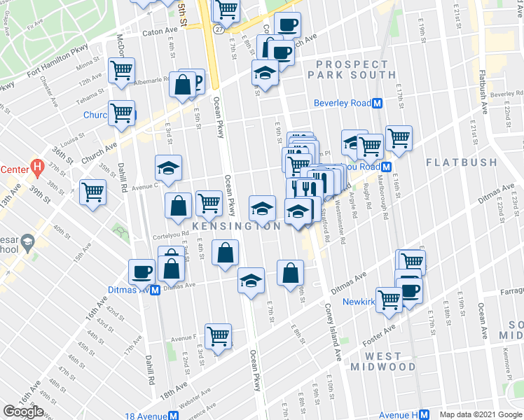 map of restaurants, bars, coffee shops, grocery stores, and more near 430 East 8th Street in Brooklyn