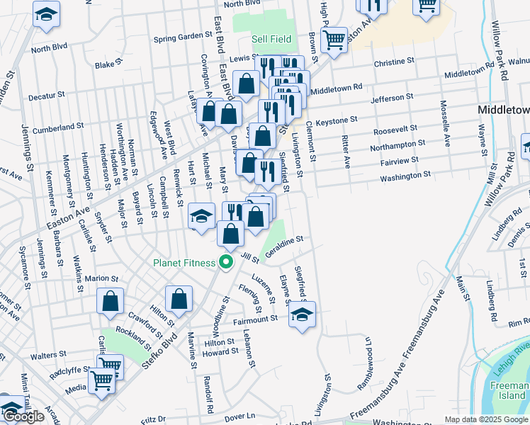 map of restaurants, bars, coffee shops, grocery stores, and more near 1880 Stefko Boulevard in Bethlehem