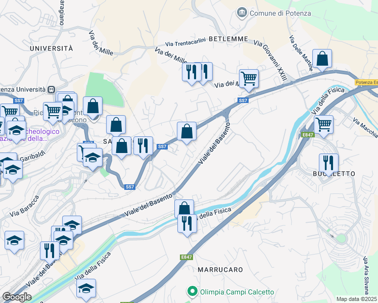 map of restaurants, bars, coffee shops, grocery stores, and more near Via Louis Braille in Potenza
