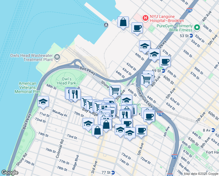 map of restaurants, bars, coffee shops, grocery stores, and more near Shore Road in Brooklyn