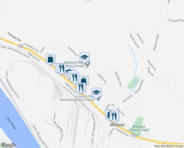 map of restaurants, bars, coffee shops, grocery stores, and more near 745 Ohio Avenue in Midland