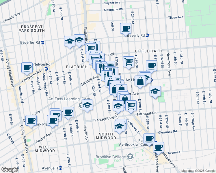 map of restaurants, bars, coffee shops, grocery stores, and more near 1267 Flatbush Avenue in Brooklyn