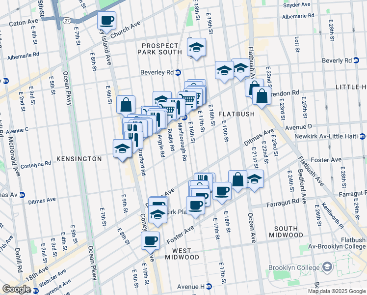 map of restaurants, bars, coffee shops, grocery stores, and more near Marlborough Rd & Dorchester Rd in Brooklyn