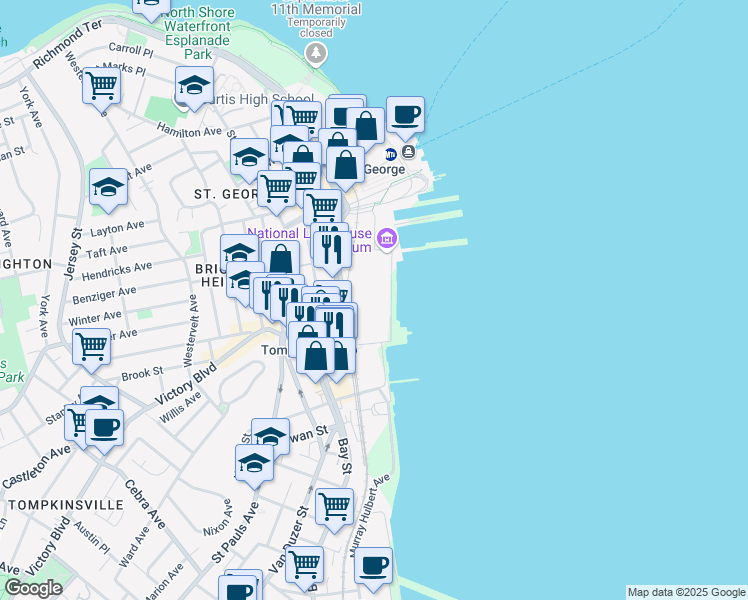 map of restaurants, bars, coffee shops, grocery stores, and more near 80 Bay Street Landing in Staten Island