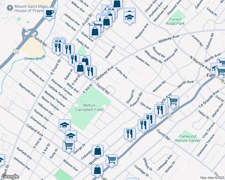 map of restaurants, bars, coffee shops, grocery stores, and more near 16 Mary Lane in Fanwood