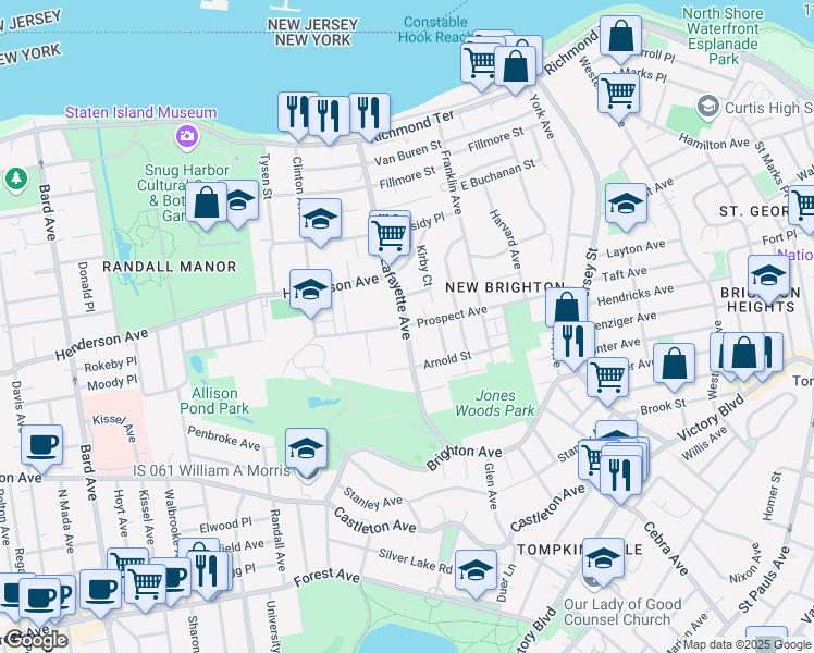 map of restaurants, bars, coffee shops, grocery stores, and more near 199 Prospect Avenue in Staten Island