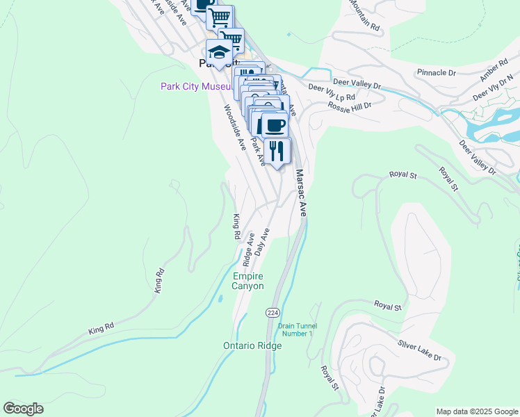 map of restaurants, bars, coffee shops, grocery stores, and more near 45 King Road in Park City