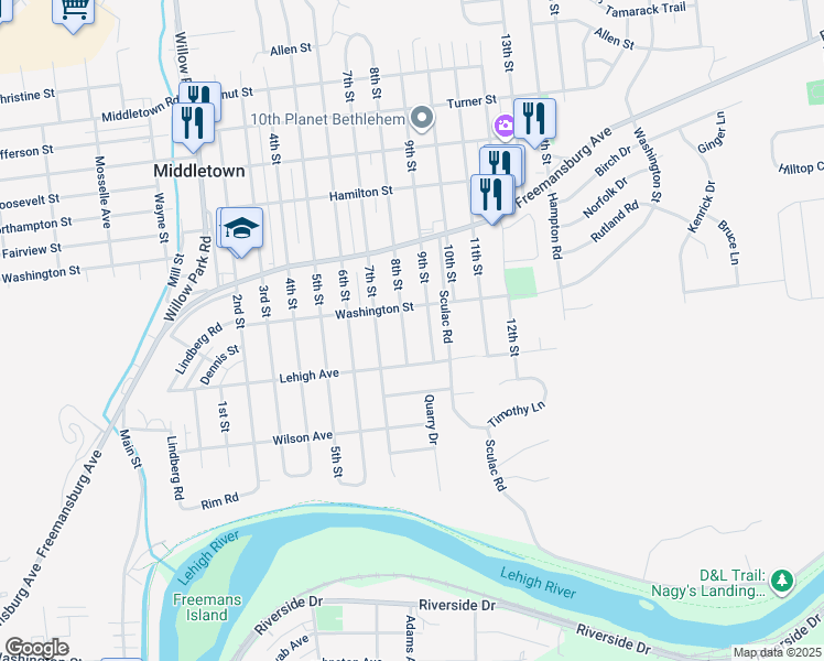 map of restaurants, bars, coffee shops, grocery stores, and more near 1636 8th Street in Bethlehem