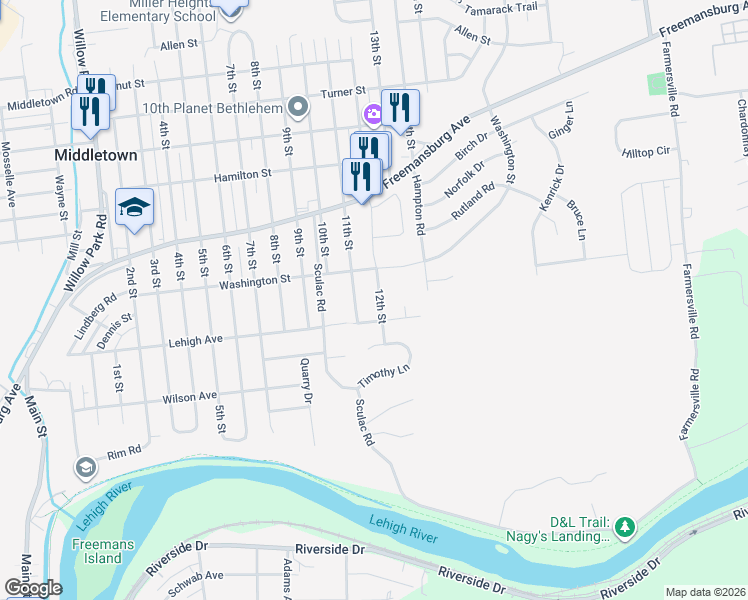 map of restaurants, bars, coffee shops, grocery stores, and more near 1625 12th Street in Bethlehem