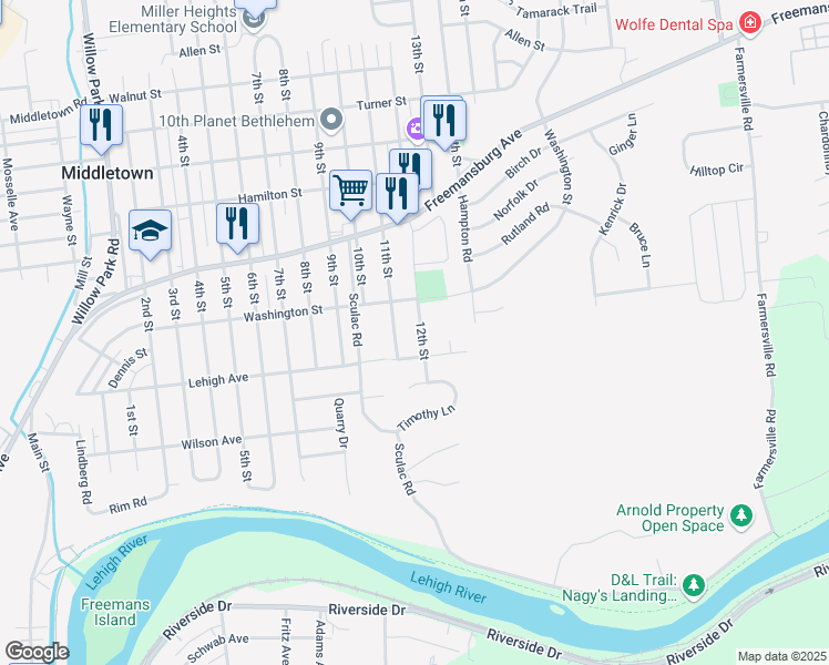 map of restaurants, bars, coffee shops, grocery stores, and more near 1625 12th Street in Bethlehem