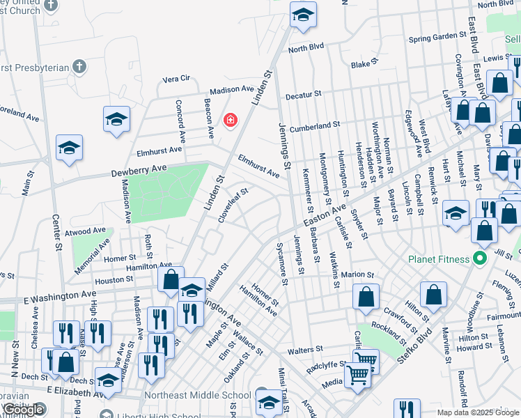map of restaurants, bars, coffee shops, grocery stores, and more near 1848 Arlington St in Bethlehem