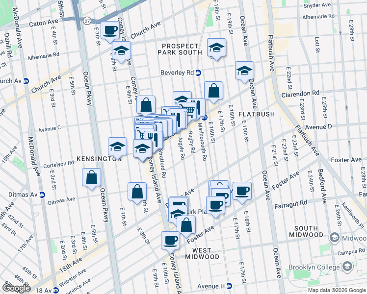 map of restaurants, bars, coffee shops, grocery stores, and more near 400 Argyle Road in Brooklyn