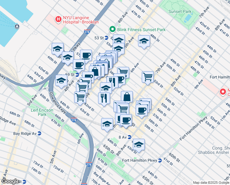 map of restaurants, bars, coffee shops, grocery stores, and more near 58th St & 6th Ave in Brooklyn