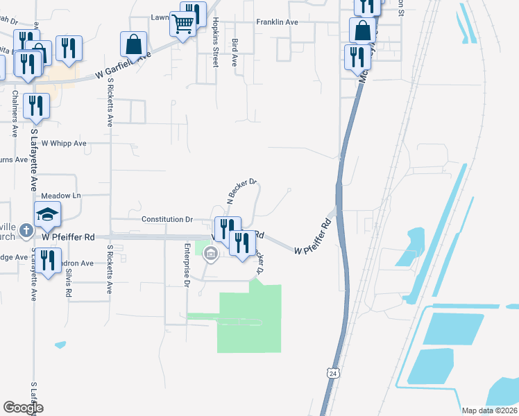 map of restaurants, bars, coffee shops, grocery stores, and more near 4009 North Becker Drive in Bartonville