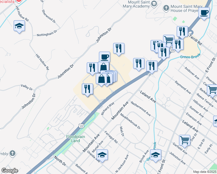 map of restaurants, bars, coffee shops, grocery stores, and more near US 22 West in Watchung