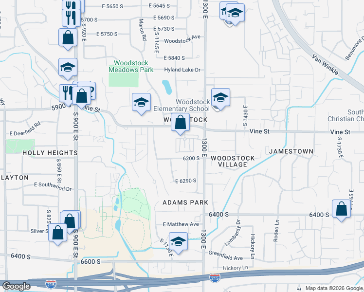 map of restaurants, bars, coffee shops, grocery stores, and more near 6140 Vine Park Drive in Murray