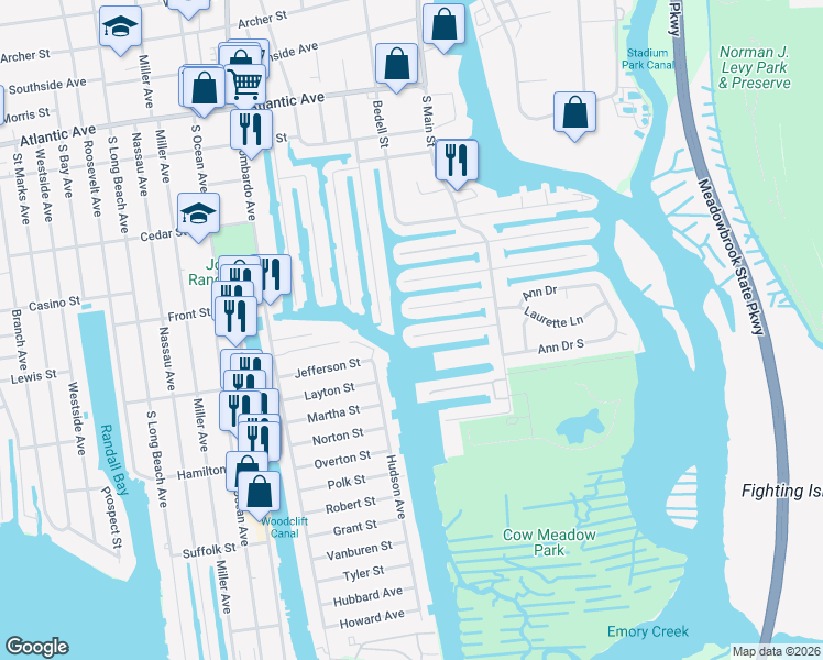 map of restaurants, bars, coffee shops, grocery stores, and more near 95 West 3rd Street in Freeport