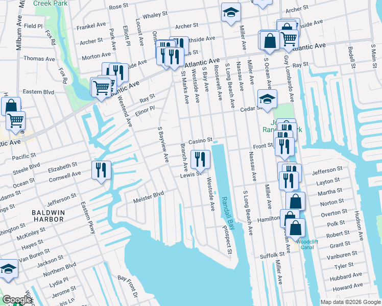 map of restaurants, bars, coffee shops, grocery stores, and more near 117 Branch Avenue in Freeport