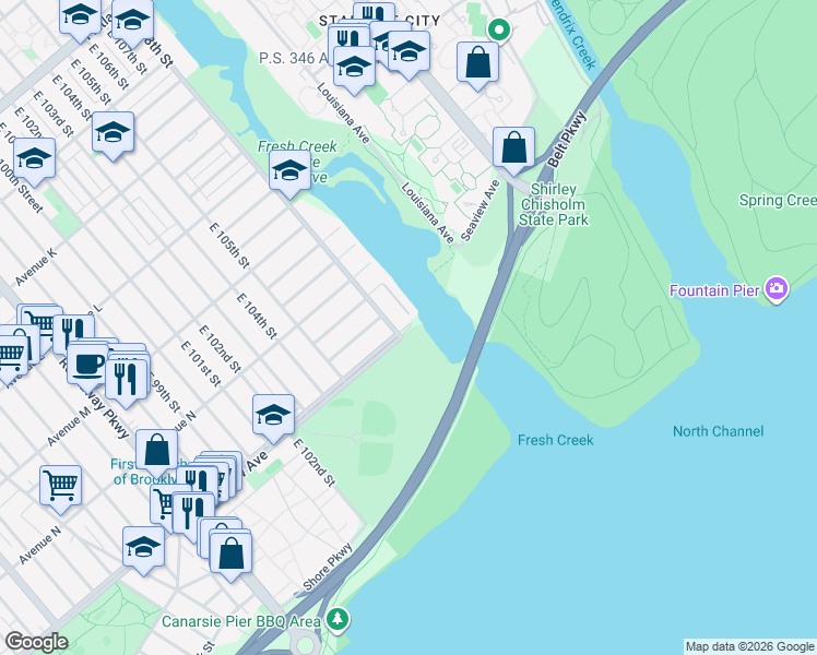 map of restaurants, bars, coffee shops, grocery stores, and more near 108-19 Seaview Avenue in Brooklyn