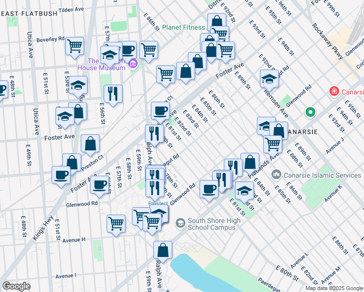 map of restaurants, bars, coffee shops, grocery stores, and more near 574 East 81st Street in Brooklyn
