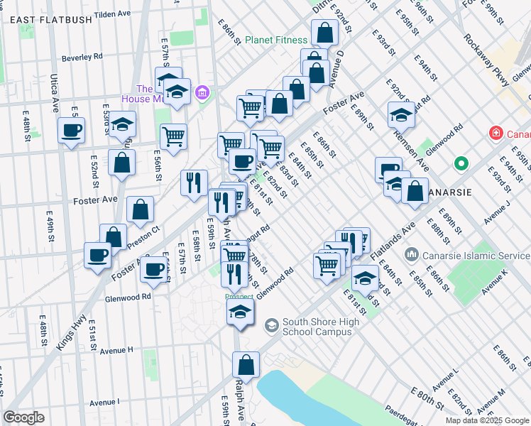 map of restaurants, bars, coffee shops, grocery stores, and more near 574 East 81st Street in Brooklyn