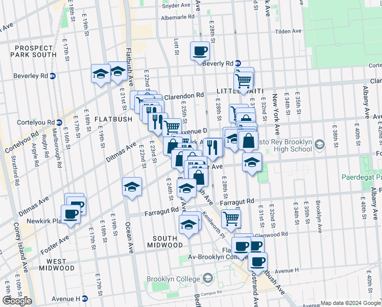 map of restaurants, bars, coffee shops, grocery stores, and more near 2523 Newkirk Avenue in Brooklyn