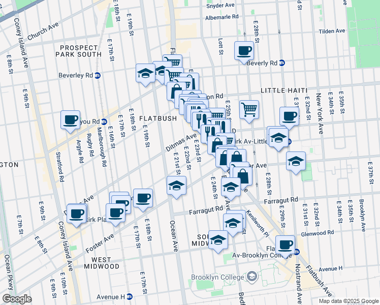 map of restaurants, bars, coffee shops, grocery stores, and more near 435 East 23rd Street in Brooklyn