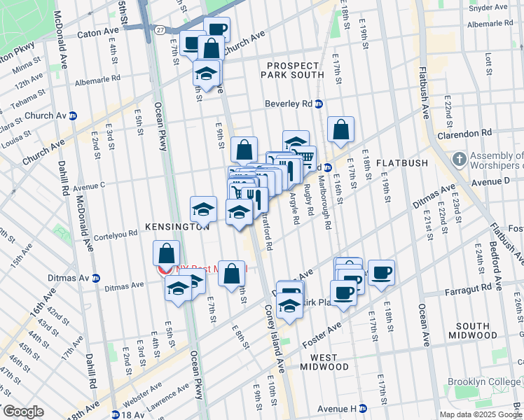 map of restaurants, bars, coffee shops, grocery stores, and more near 1022 Cortelyou Road in Brooklyn