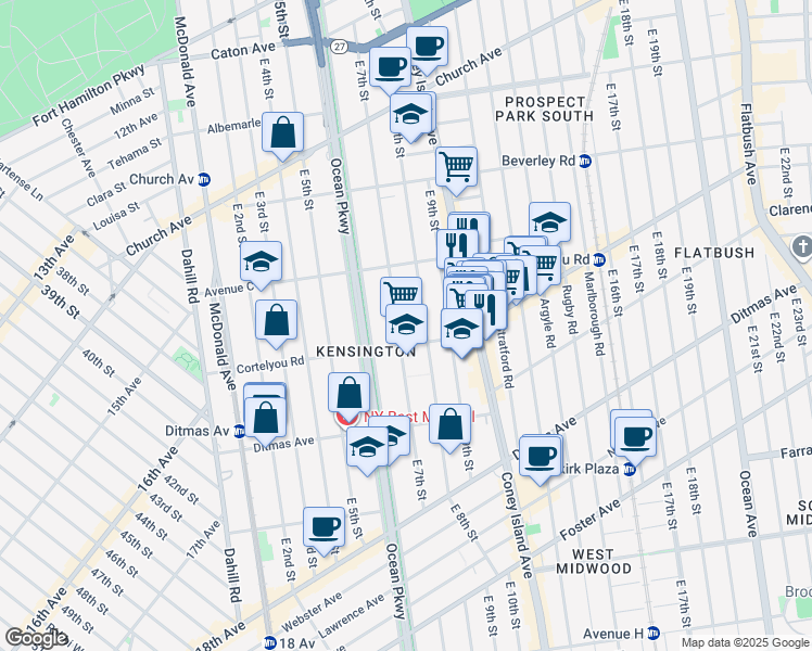 map of restaurants, bars, coffee shops, grocery stores, and more near 430 East 8th Street in Brooklyn