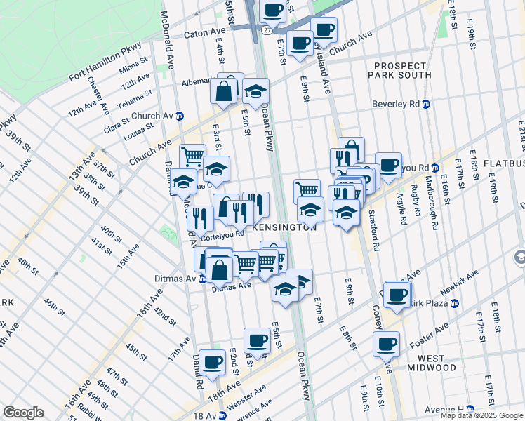 map of restaurants, bars, coffee shops, grocery stores, and more near 386 Ocean Parkway Service Road in Brooklyn