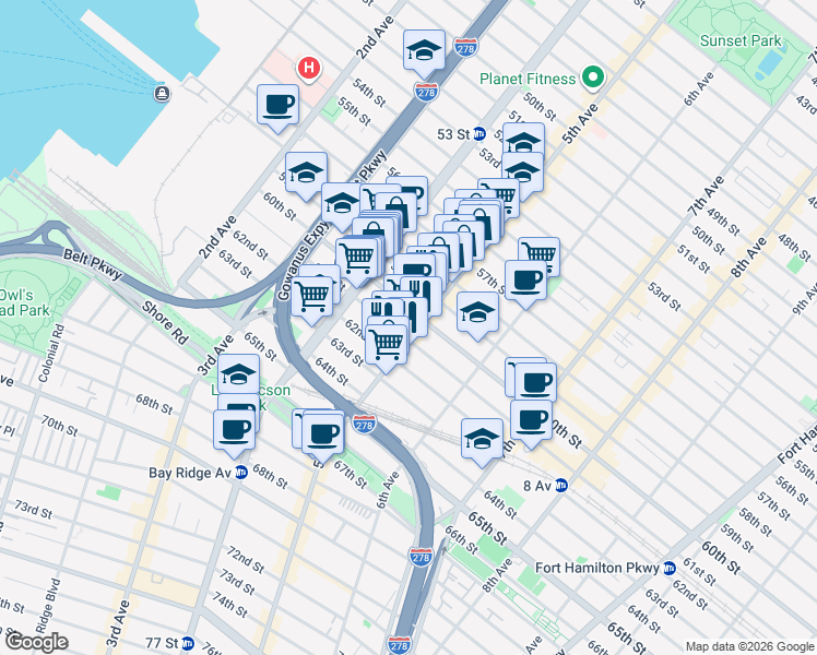 map of restaurants, bars, coffee shops, grocery stores, and more near 455 61st Street in Brooklyn
