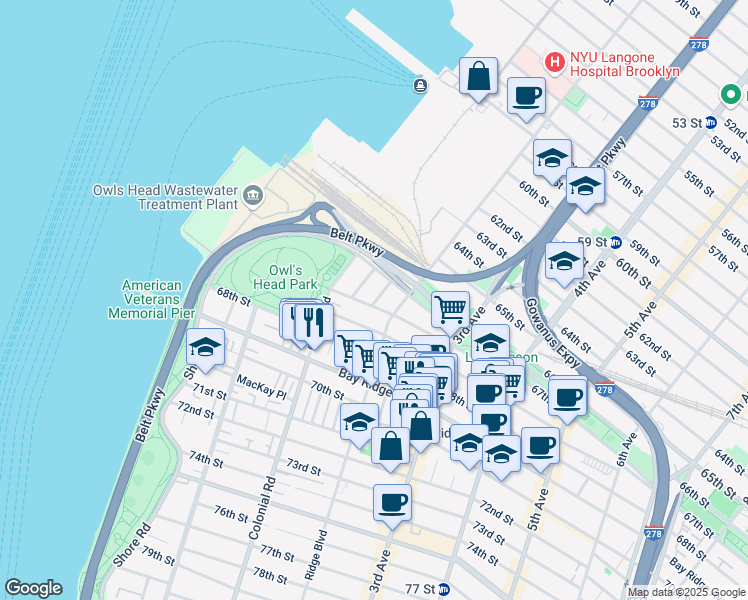 map of restaurants, bars, coffee shops, grocery stores, and more near 6645 Bergen Place in Brooklyn