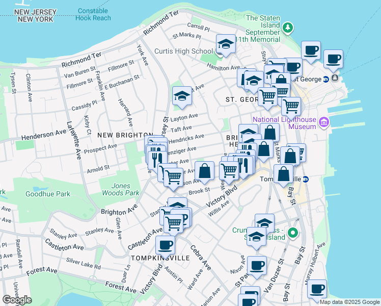 map of restaurants, bars, coffee shops, grocery stores, and more near 190 Benziger Avenue in Staten Island