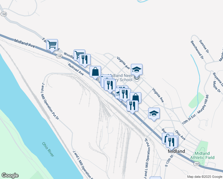 map of restaurants, bars, coffee shops, grocery stores, and more near 532 Beaver Avenue in Midland