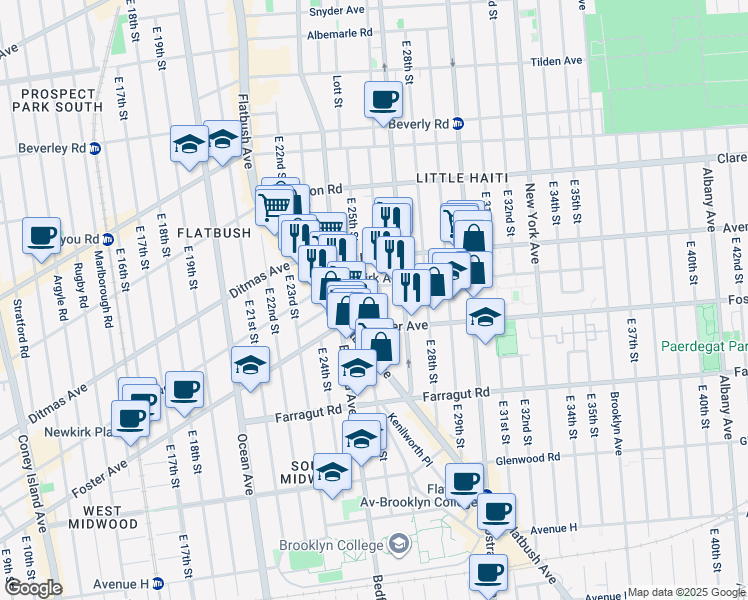 map of restaurants, bars, coffee shops, grocery stores, and more near 448 East 26th Street in Brooklyn