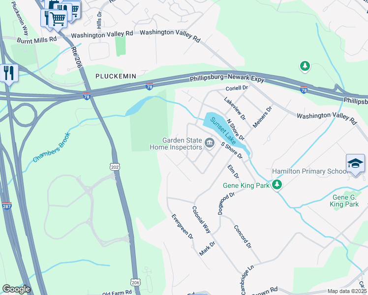 map of restaurants, bars, coffee shops, grocery stores, and more near 1291 Evergreen Drive in Basking Ridge